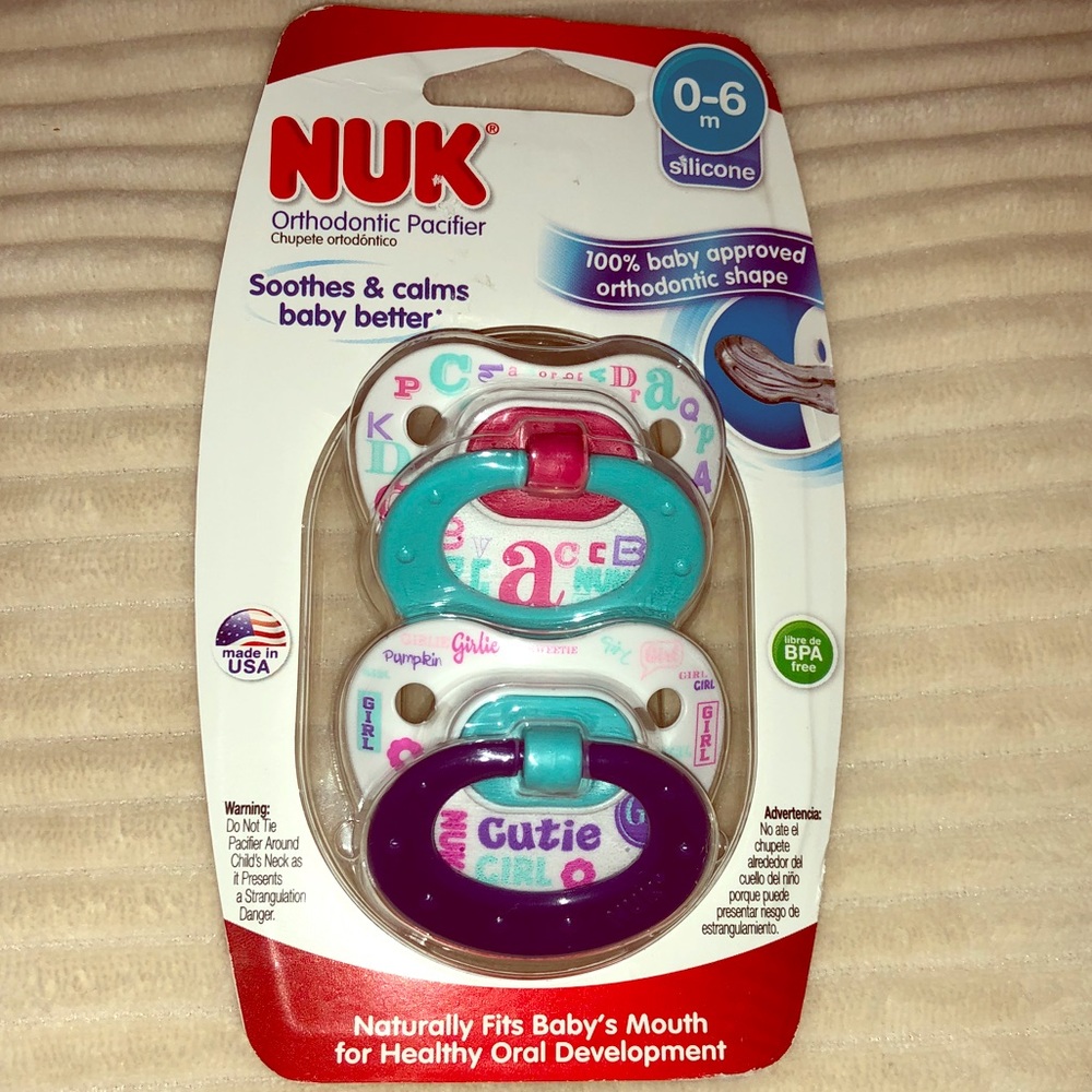 NUK 2 pack, girls 0-6 month silicone pacifiers